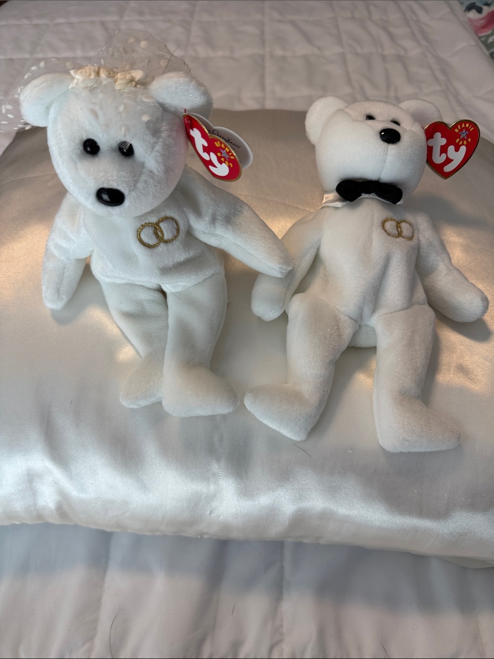 Ty White Bride and Groom Bear Set with Gold Rings